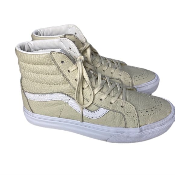 Cream White Leather Suede Sk8 Hi Top Vans Sneakers Mens 5 Womens 6.5 - Picture 1 of 10